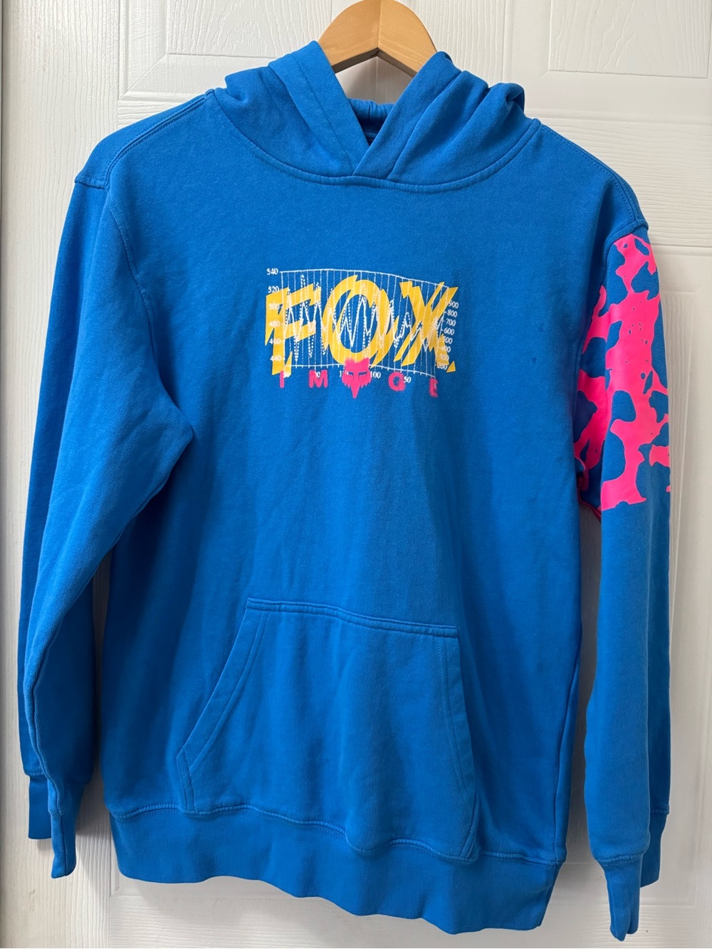 Fox Blue Hoodie with Pink Sleeve Accent and Yellow Logo